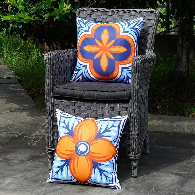 ONWAY Outdoor Pillow Covers Waterproof Set of 4 Floral Boho Decorative Throw Cushion Cover Farmhouse Pillows for Bench, Couch, Sunbrella and Patio Furniture (BlueOrange, 18x18 Inch)