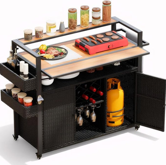 52.8" W Wicker Outdoor Bar Cart Table with Extended Plastic Wood Table Top, Outdoor Grill Cart with Large Storage Cabinet, for Patio Backyard Garden Poolside, Double Handle Design, Black