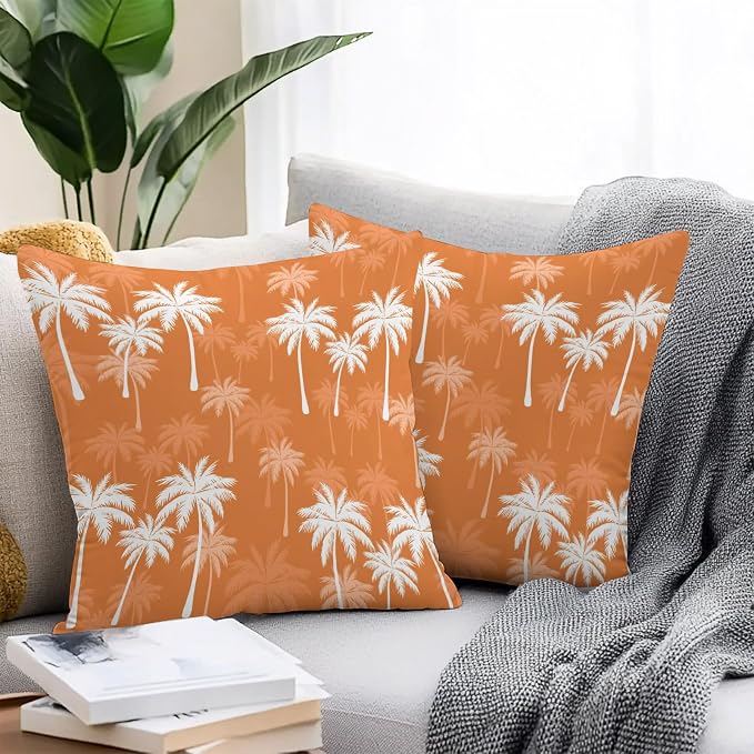 Throw Pillow Covers 16x16 Inch Set of 2, Tropical Palm Tree Waterproof Outdoor Pillow Covers, Orange White Plants Coastal Leaf Beach Decorative Cushion Pillowcases for Couch, Sofa, Bed, Garden, Patio