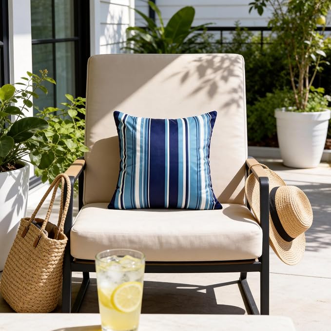 Waterproof Outdoor Pillow Covers 18x18 Inch Set of 2, Dark Blue Stripe Decorative Throw Pillow Cover, Modern Farmhouse Cushion Cases for Spring Summer Patio Garden Porch Balcony Beach Sofa