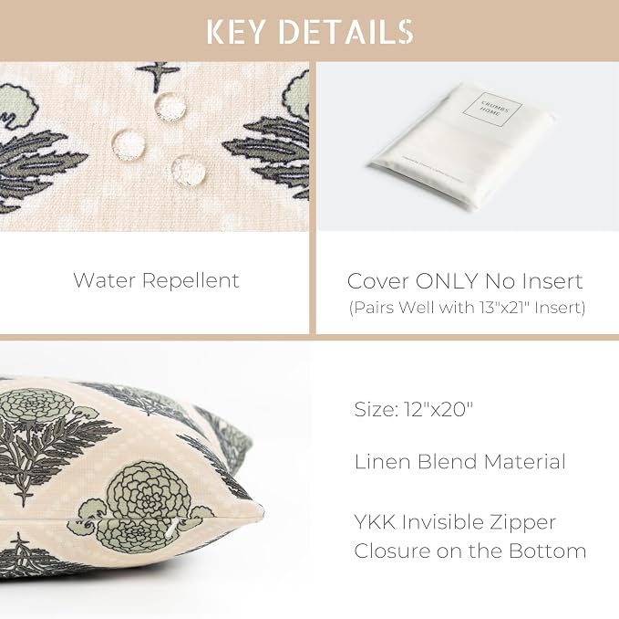 Modern Farmhouse California Casual Indoor Outdoor Lumbar Pillow Cover, 12"x20" Water Repellent for Patio, Backyard, Couch, Earth Tone Light Green Tan Block Print Vintage Hydrangea Flowers