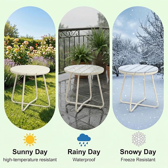 danpinera Outdoor Side Tables, HDPS Patio Table with Metal Legs, 18 Inch WhiteOutdoor Small Round Table for Garden, Backyard, Porch, Deck, Balcony, Poolside
