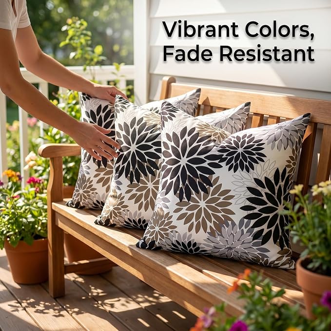 Outdoor Waterproof Throw Pillow Cases Pack of 2 Dahlia Flowers Throw Pillow Covers 18×18 Black and Brown Decorative Spring Summer Cushion Covers for Garden Patio Living Room Couch
