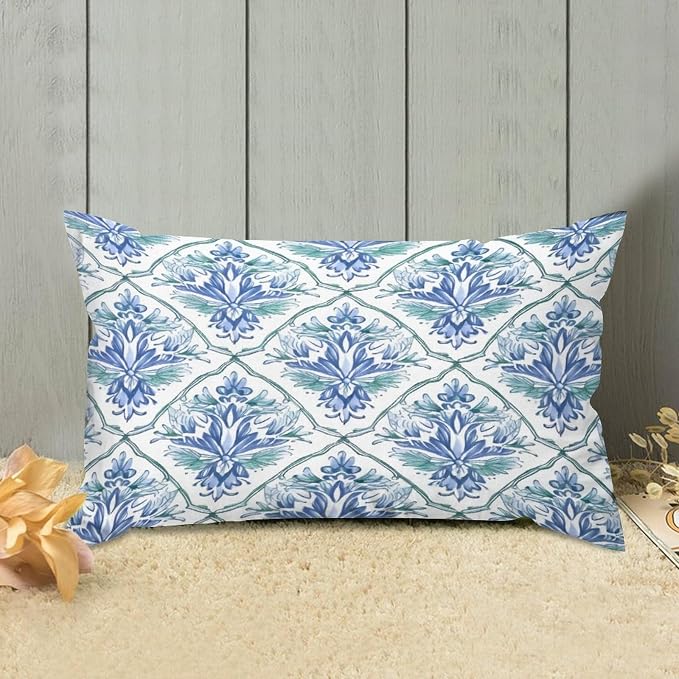 Zipped Pillow Cases for Home Decor Blue and Green Floral Pattern Throw Pillow Cover Set of 2 Farmhouse Cushion Cover Cases for Living Room Club Home Decor 12x20in