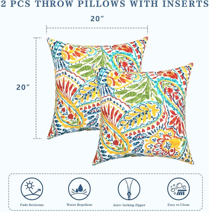 LVTXIII Outdoor Throw Pillows, Decorative Throw Pillows with Inserts, 20"x20" Square Pillows for Bed, Couch, Sofa and Patio Furniture, Set of 2, Paisley Multi