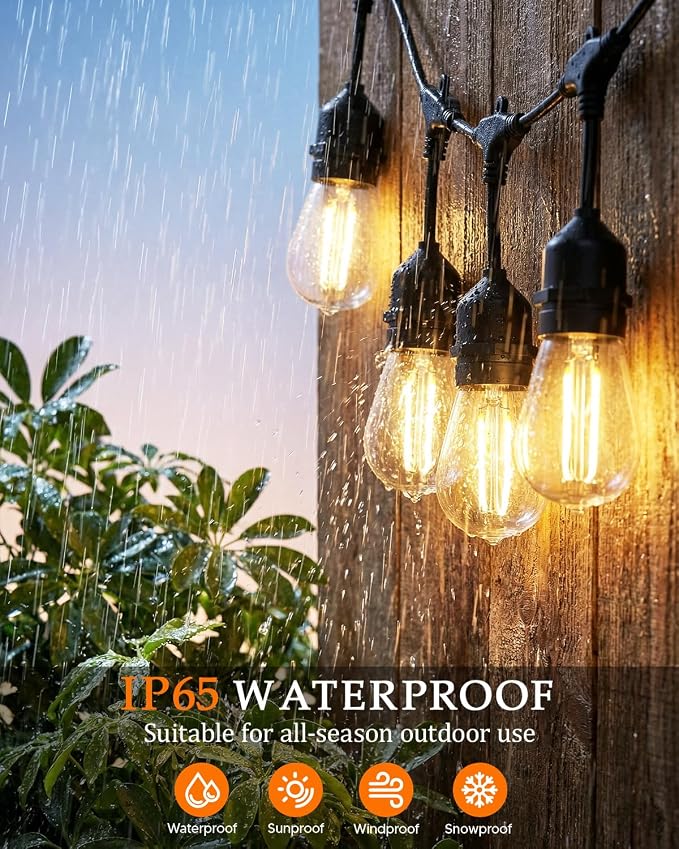 100FT S14 Outdoor String Lights, 64+4 Shatterproof Bulbs 2W, 1.5FT Spacing IP65 Waterproof| Dimmable with Remote, Heavy-Duty, Include Screw & Zip Ties for Patio Backyard Holiday Outside