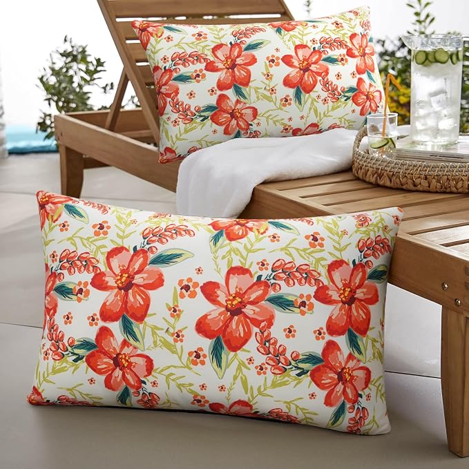 Pyonic Outdoor Pillows Cover Pack of 2 Floral Waterproof Throw Pillow Covers 12X20 inch Outdoor Lumbar Pillows for Patio Furniture Garden Outside Waterproof Throw Pillows