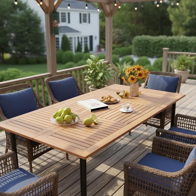Tangkula 63" Acacia Wood Patio Dining Table for 6, Rectangular 6-Person Outdoor Dining Table with Metal Legs & Umbrella Hole, Indoor Outdoor Dining Furniture for Deck, Garden, Poolside & Backyard