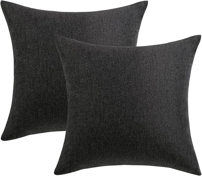 Outdoor Waterproof Throw Pillow Covers Black 18x18 Set of 2 | Decorative Farmhouse Linen Pillowcases Solid Cushion Cases for Patio Tent Balcony Couch Sofa Living Room