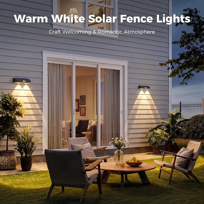 kolpop Solar Fence Lights Outdoor with Motion Sensor,Fence Lights Solar Powered,IP65 Waterproof,3 Modes LED Solar Lights for Patio,Backyard,Railing,Wall,Nighttime,Party,Pool,4 Pack,Warm White