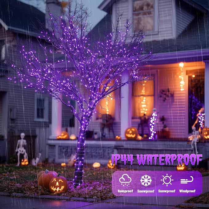 JMEXSUSS 2 Pack Solar Halloween Lights, 33FT 100 LED Purple Fairy Lights | Outdoor Waterproof, 8 Modes Solar String Lights for Outside Tree Party Patio Garden Christmas Halloween Decorations