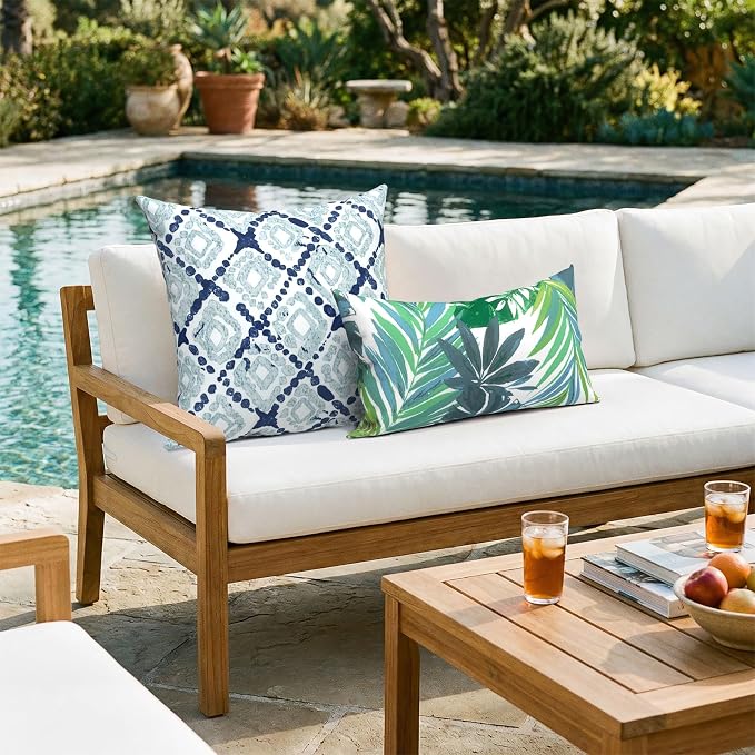 20x20 Inch Pack of 2 Patio Throw Pillow Covers ONLY, Water Repellent Cushion Cases, Square Pillowcases for Outdoor Couch Decoration, Boho Geometry Blue