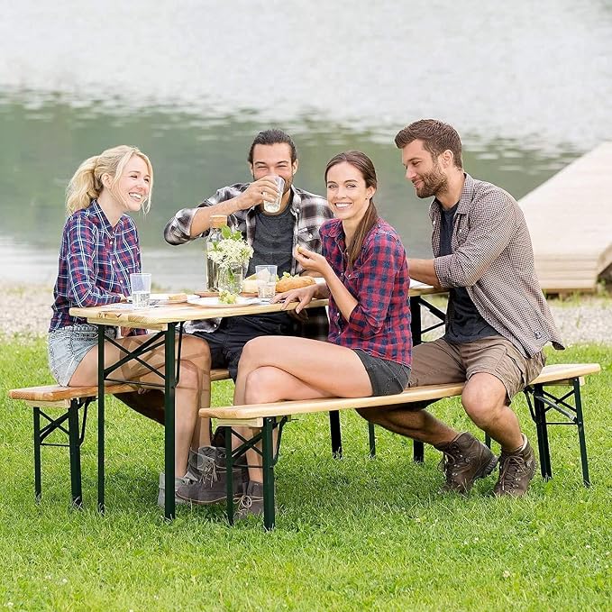 HAPPYGRILL 3PCS Outdoor Folding Picnic Table Bench Set, Portable Patio Dining Table Set with Wooden Top & Steel Frame