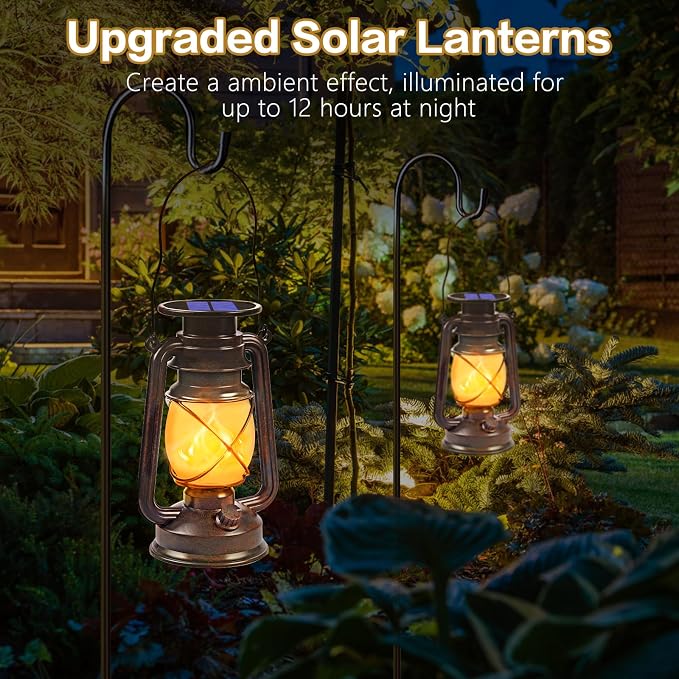 Solar Lanterns Outdoor Waterproof, 2 Pack Bronze Flickering Flame Lights | Vintage LED Hanging Lantern, Outdoor Decorative Lights for Patio, Porch, Garden, Yard, Pathway, Camping