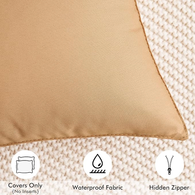MIULEE Decorative Outdoor Waterproof Pillow Covers 16x16 Light Brown | Decorative Patio Furniture,Pack of 2,Accent Square Soild Throw Pillow Covers,Summer Garden Tent Couch Sofa