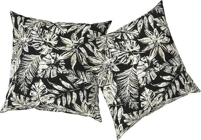 Outdoor Pillows with Insert 20x20 Inch, Waterproof Throw Pillow for Patio Furniture, Decorative Back Cushion for Garden Home Sofa Office Chair, Set of 2, Tropical Leaf Black