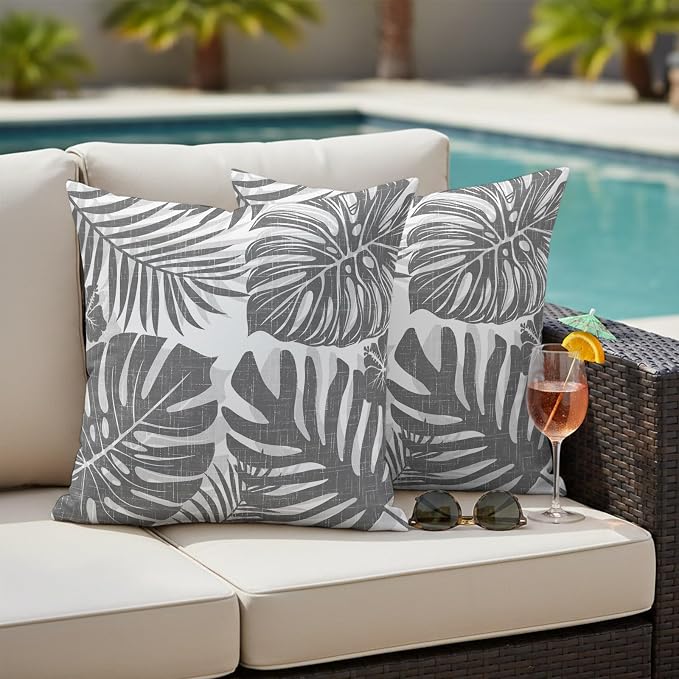 Grey Palm Leaves Outdoor Pillow Covers 24"x24" Set of 2, Tropical Botanical Minimalist Modern Waterproof Throw Pillow Covers for Patio Furniture, Decorative Cushion Covers for Porch