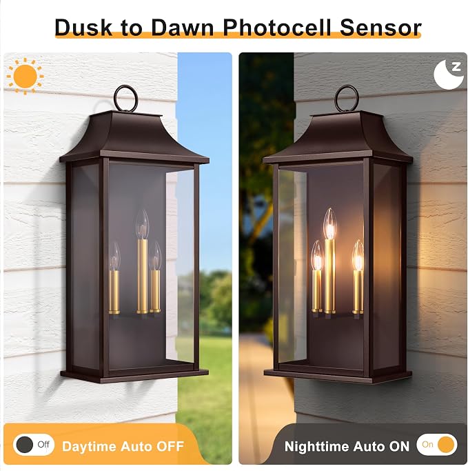 Dusk to Dawn Outdoor Wall Light, 25.3", Oil Rubbed Bronze | 3-Light, Large Outdoor Light Fixture, Waterproof Exterior Wall Lantern, For House Porch Patio