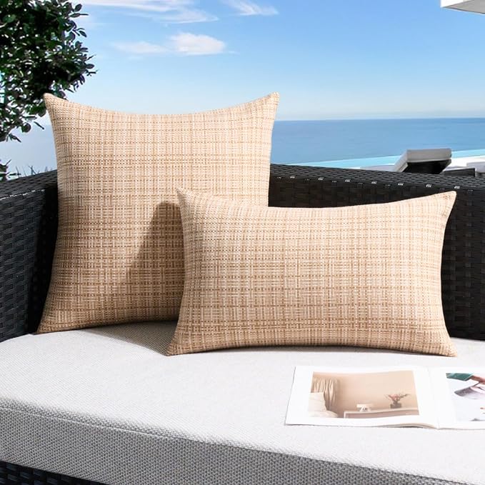 UGASA Outdoor Waterproof Throw Pillow Covers Pack of 2 Patio Water Resistant Pillow Cases Summer Woven Texture Decorative for Outside Garden Porch Yard Bench Tent 18x18 Inch, Beige