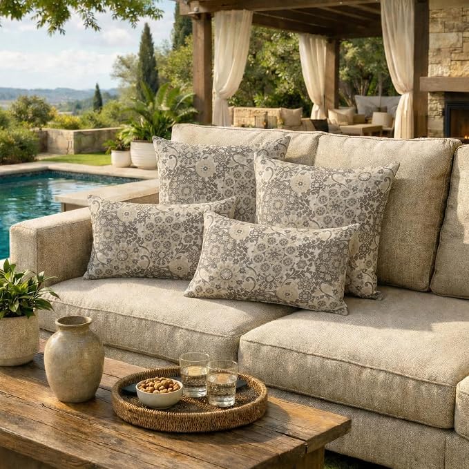 RSH DECOR: Outdura Lumbar & Square Pillows Set of 4 | 20" x 12" & 17" x 17" | Water and Fade-Resistant Fabric | Outdoor Throw Pillows for Patio Furniture | Made in USA (Marrakech Espresso)