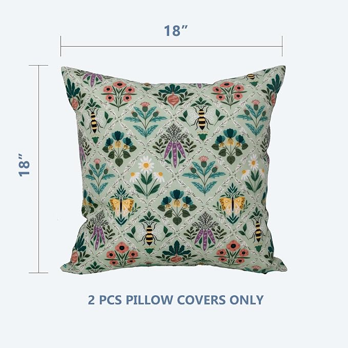 Outdoor Pillow Covers 18x18 Set of 2 Sage Garden Print, Waterproof & UV Resistant Polyester for Patio, Couch, Porch, Spring Botanical Decor