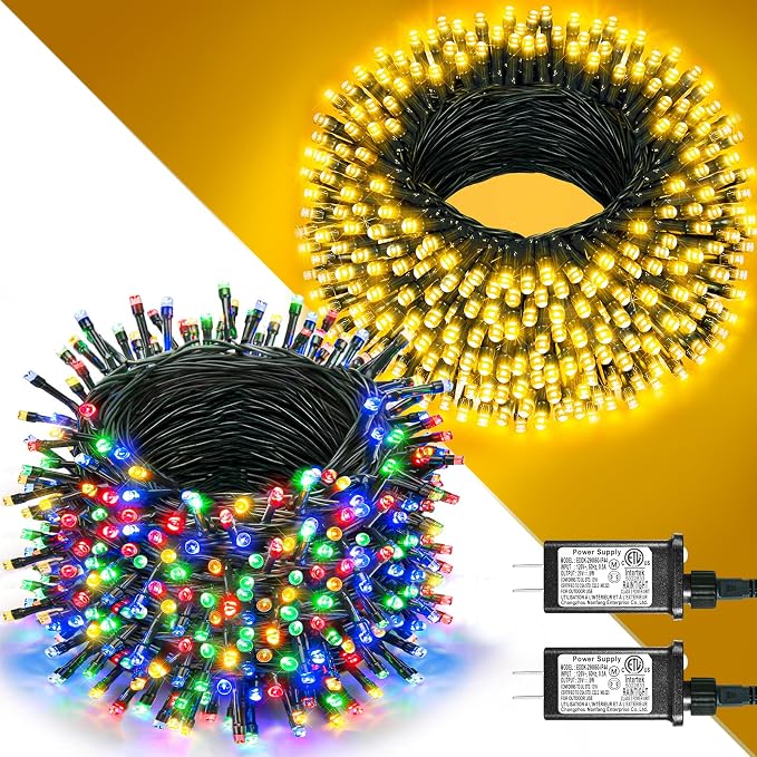 2 Pack Christmas Lights Outdoor, Total 200FT 600 LED Christmas Tree Lights | Waterproof 8 Modes Connectable String Lights for Outside Indoor Patio Party Decor, 1 Pack Warm White & 1 Pack Multicolor