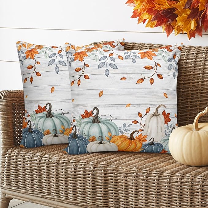 Fall Waterproof Outdoor Pillow Covers 24''x24'' Set of 2, Thanksgiving Maple Leaf Branch Vintage Wooden Patio Cushion Covers for Chairs,Decorative Blue Green Pumpkin Pillow Cases for Garden/Pool/Beach