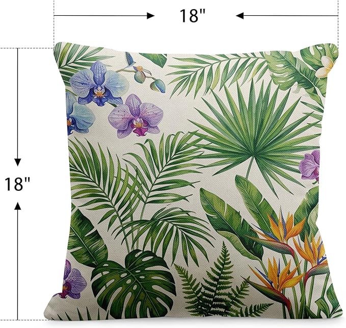 Throw Pillow Covers, Tropical Floral, 18 x 18 Inch, Set of 2 | Botanical Hawaiian Outdoor Waterproof Pillowcase Square Cushion Case Farmhouse Garden Decorative for Couch Beach Patio