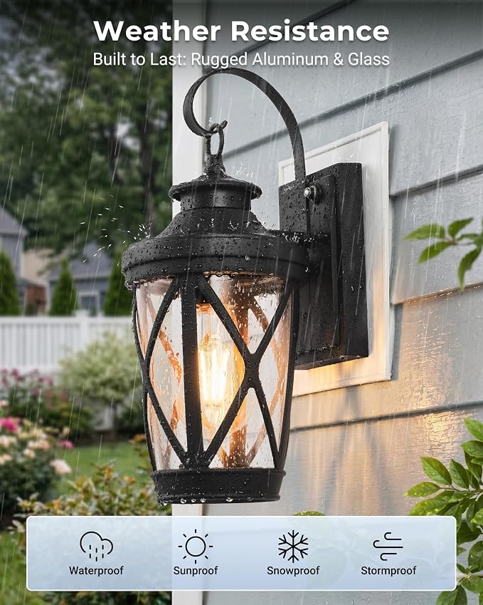 VIANIS 2-Pack Outdoor Wall Lights, Black Dusk to Dawn Porch Light Fixture, 100% Aluminum Outside Garage Lights with Glass Shade, Outdoor Sconce Lights Wall Lantern for House, Exterior Light for Patio
