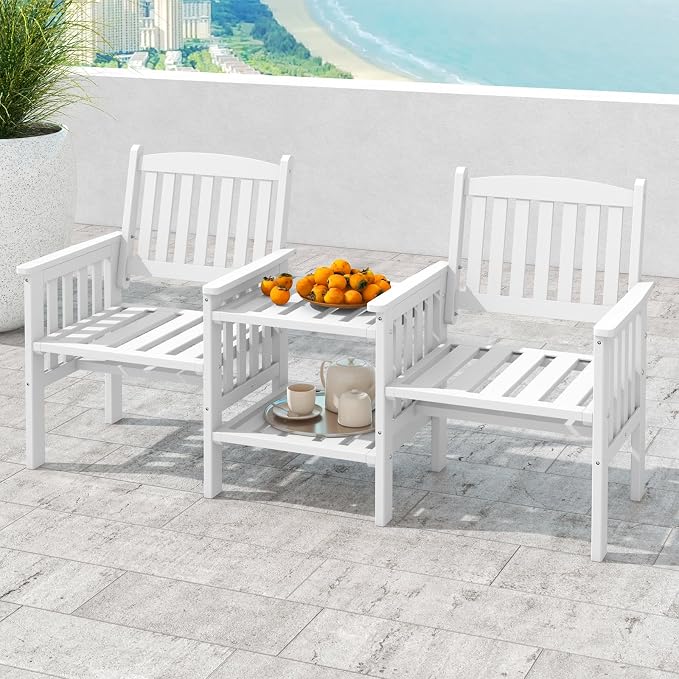 Tangkula Outdoor Wood Loveseat with 2-Tier Side Table and Umbrella Hole, 2-Seater Patio Garden Bench with Armrests and Slatted Seats, Outdoor Table and Chairs Set for Porch and Balcony