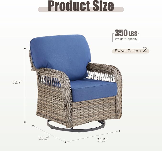 2 PCS Patio Swivel Rocking Chairs, Outdoor Wicker Furniture Set with 5-Inch Thick Olefin Cushions, 360° Swivel Rocker Patio Chairs for Garden, Porch, Backyard, Blue/Gray Wicker
