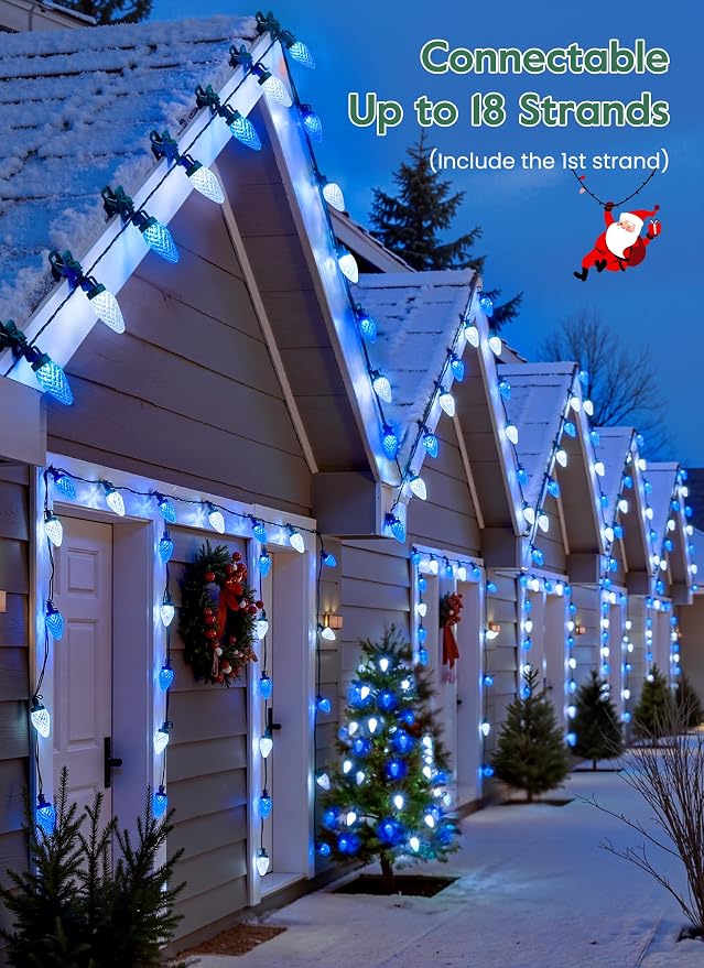 C9 Christmas Lights Outdoor, 102FT 150 LED String Lights with Spring Clips | Waterproof Connectable Commercial Grade Christmas Tree Lights for Outside Roofline Patio Yard Home Decor, Blue|Pure White