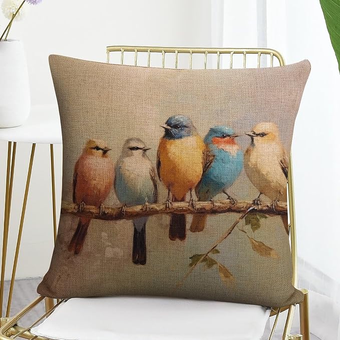 Linen Cushion Case Outdoor Home Decoration Oil Birds Tree Cushion Case Colorful Birds are Sitting on A Branch Throw Pillowcase for Farmhouse Decor Room Bedroom Sofa Chair Car 16"x16"
