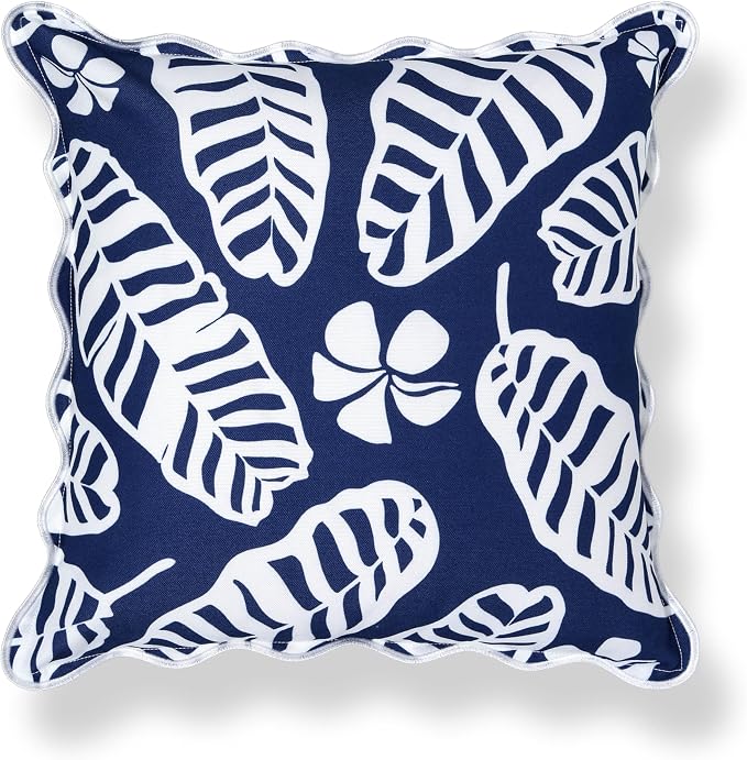 Hofdeco Premium Coastal Hampton Patio Indoor Outdoor Throw Pillow Cover Only, 20"x20" Water Repellent for Backyard, Couch, Poolside, Navy Blue Print Palm Leaves and Hisbucs Flowers