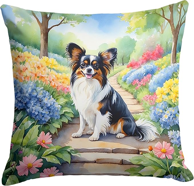 Caroline's Treasures Papillon Spring Path Throw Pillow Machine Washable, Indoor Outdoor Decorative Pillow for Couch, Bed or Patio, 14Hx14W