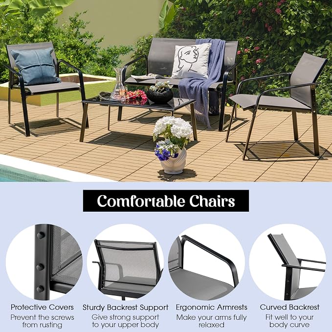HAPPYGRILL 4 Piece Outdoor Conversation Set Patio Furniture Set, Breathable Fabric Single Chairs & Loveseat, Tempered Glass Coffee Table, Patio Bistro Set for Poolside Yard Garden