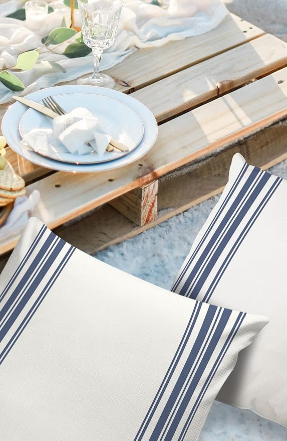 Outdoor Waterproof Pillow Covers for Patio Furniture Blue Ticking Vertically Stripe Decorative Throw Pillow Cover Simple Style White Pillowcases Set of 2 Cushion Case for Sofa Couch Chair 24x24 In