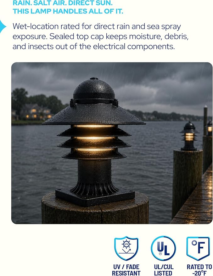 Nautical Pier Mount Outdoor Lighting - Salt-Air Tough Rust-Proof Non-Metallic Coastal Lamps - UL Listed Dock Lights - Patio Fence Deck Porch Lights Outdoor - USA Made, Short, Decorated, Black | Anti-Rust Outdoor Coastal Fixture for Pathways & Walkways,...