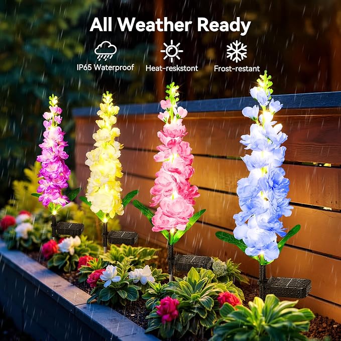 KOOPER Solar Delphinium Flower Lights Outdoor, 8 Pack, 72 LEDs, Waterproof | Vivid Solar Flowers Outdoor Waterproof for Landscape, Patio, Lawn, Flower Bed, and Yard Decor, Garden Gifts for Women, Mom