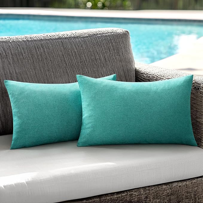 ANRODUO Outdoor Waterproof Pillow Covers for Patio 12x20 Turquoise 2 Pack | Outdoor Pillow Covers for Patio Furniture, Decorative Linen Cushion Sham, Outside Lumbar Pillowcase for Garden Balcony Decor