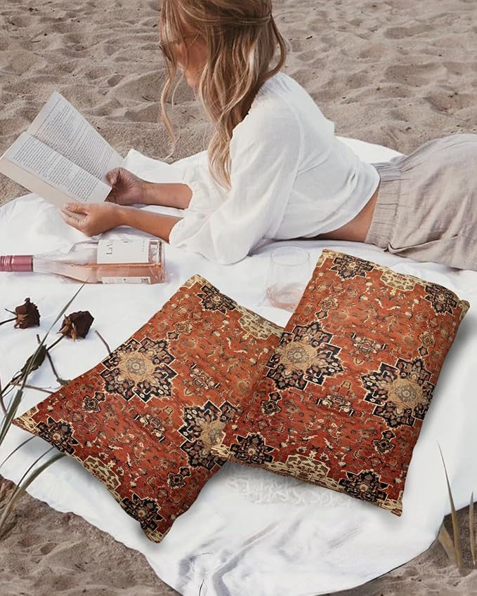 Southwest Outdoor Pillow Covers Waterproof, All Weather Cushion Case Set of 2, Geometric Stripe Boho Native Flower Print Lumbar Pillowcase for Sofa Couch Bed Decor Patio Furniture 20"x12"