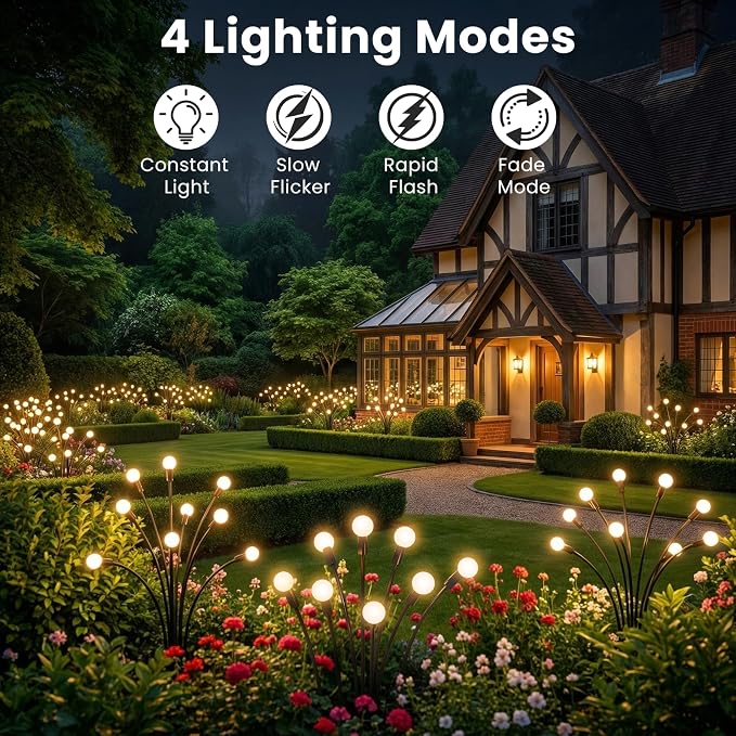 Solar Lights Outdoor(8 Pack,64 LEDs),Solar Lights Outdoor Waterproof for Garden Decor,4 Modes Firefly Light for Outdoor Decor,Big Bulb High Lumens Patio Decor,Sway by Wind,Gardening Gifts for Women