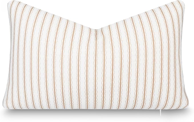 Modern Farmhouse California Casual Indoor Outdoor Lumbar Pillow Cover, 12"x20" Water Repellent for Patio, Backyard, Couch, Poolside, Ivory Cream Tan Print Wave Stripes