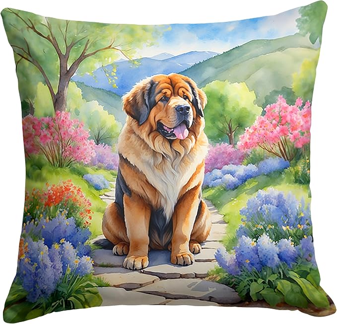 Caroline's Treasures Tibetan Mastiff Spring Path Throw Pillow Machine Washable, Indoor Outdoor Decorative Pillow for Couch, Bed or Patio, 14Hx14W