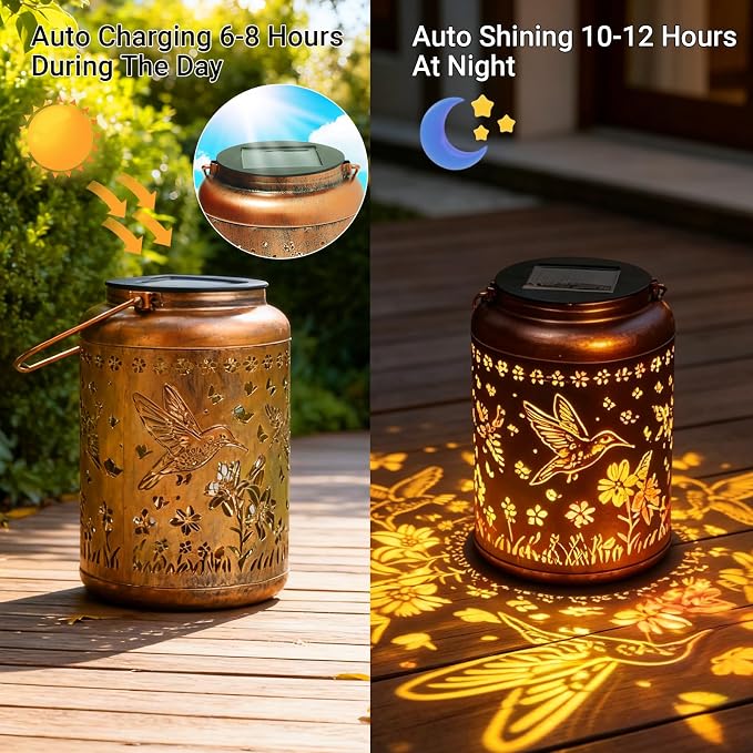 2 Pack Waterproof Hummingbird Solar Lantern Outdoor Hanging Garden Light | Colorful LED metal Hummingbird lantern; durable, waterproof outdoor decor perfect for patio, yard, or as a gift for women