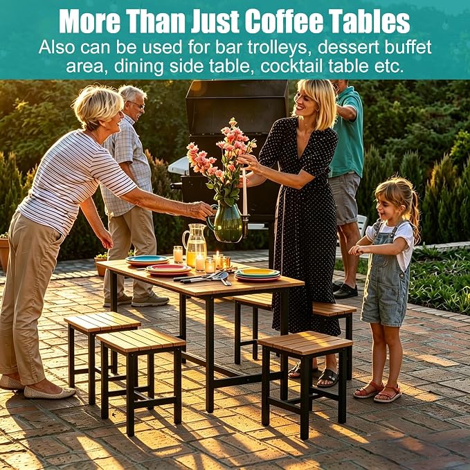 Outdoor Coffee Table, 33.4"L x 17.3"W x 18.1"H Rectangle Weather-Resistant Patio Coffee Table, Metal Heavy-Duty Frame Coffee Side Table, Waterproof for Garden, Porch, Balcony, Deck, Poolside, Brown