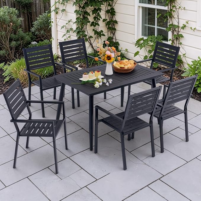7-Piece Outdoor Dining Set - All-Weather HDPE Patio Table and 6 Stackable Chairs with Rust-Proof Steel Frame, Space-Saving Patio Furniture Set for Backyard (Black)