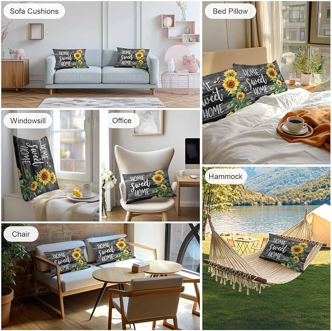 Lumbar Pillow Covers 20x12 Inch Set of 2, Spring Sunflowers Waterproof Outdoor Pillow Covers, Black Wooden Grain Country Farm Decorative Cushion Pillowcases for Couch, Sofa, Bed, Garden, Patio
