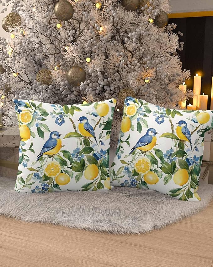Outdoor Throw Pillow Covers Waterproof Pillow Cases 26x26In, Watercolor Lemon Bird Decorative Pillow Covers Cushion Cases for Couch Sofa Patio Garden,2 Pack Vintage Spring Blue Flower Foliage