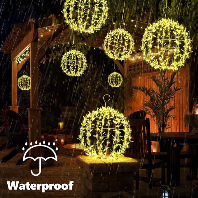 Joomer Solar Ball Lights Outdoor, 2Pack 13 & 11in Total 264 LED, Warm White | Solar Powered Hanging Globe Metal Sphere Lights, 8 Modes Waterproof with Hooks for Patio Garden Gazebo Decorative Tree Decor